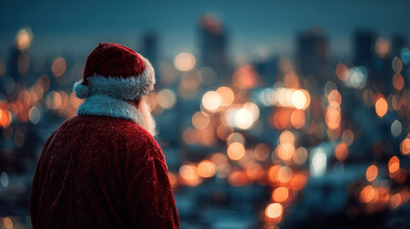 Smiling Santa Claus wearing headphones against a snowy winter background with blurred Christmas lights.の素材
