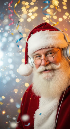 Smiling Santa Claus wearing headphones against a snowy winter background with blurred Christmas lights.の素材