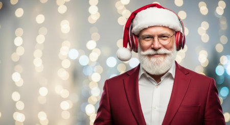 Smiling Santa Claus wearing headphones against a snowy winter background with blurred Christmas lights.の素材
