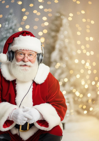 Smiling Santa Claus wearing headphones against a snowy winter background with blurred Christmas lights.の素材