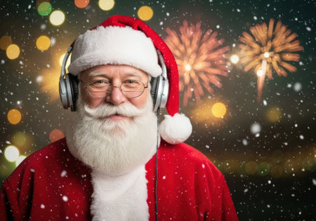 Smiling Santa Claus wearing headphones against a snowy winter background with blurred Christmas lights.の素材