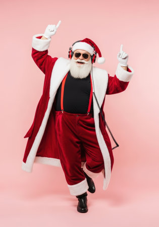 Santa Claus dancing to a retro radio wearing headphones, isolated on a pastel background.の素材