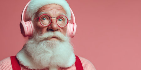 Santa Claus dancing to a retro radio wearing headphones, isolated on a pastel background.の素材