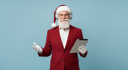 Santa Claus dancing to a retro radio wearing headphones, isolated on a pastel background.の素材