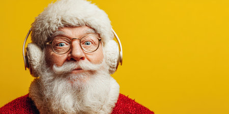 Santa Claus dancing to a retro radio wearing headphones, isolated on a pastel background.の素材