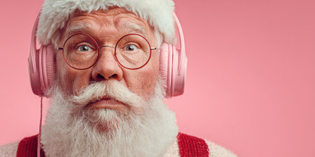 Santa Claus dancing to a retro radio wearing headphones, isolated on a pastel background.の素材