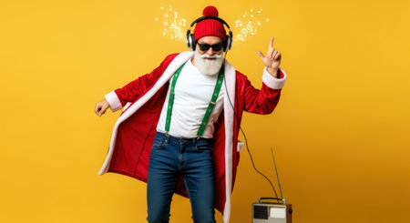 Santa Claus dancing to a retro radio wearing headphones, isolated on a pastel background.の素材