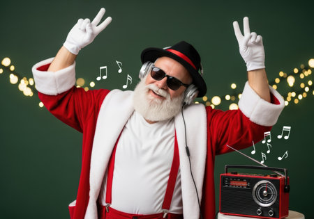 Santa Claus dancing to a retro radio wearing headphones, isolated on a pastel background.の素材