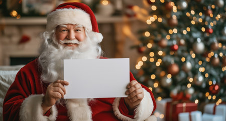 Santa Claus Holding Blank Card in Cozy Christmas Interior.の素材
