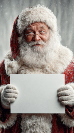 Santa Claus Holding Blank Card in Cozy Christmas Interior.の素材