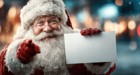 Santa Claus Holding Blank Card in Cozy Christmas Interior.の素材