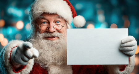 Santa Claus Holding Blank Card in Cozy Christmas Interior.の素材