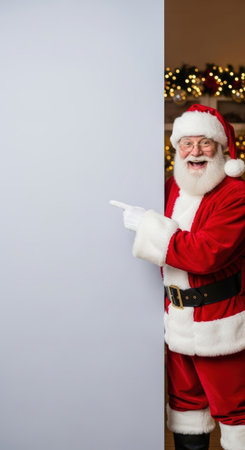 Santa Claus Holding Blank Card in Cozy Christmas Interior.の素材