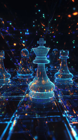Digital chessboard with glowing pieces in virtual space. Symbol of strategy, decision making, artificial intelligence, and data analysis.の素材