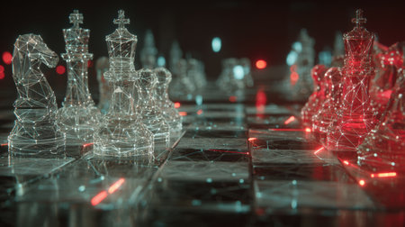 Digital chessboard with glowing pieces in virtual space. Symbol of strategy, decision making, artificial intelligence, and data analysis.の素材