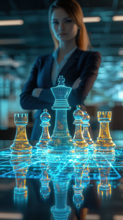 A business woman stands behind a holographic chessboard. Symbolizes strategic leadership, artificial intelligence and decision making.の素材