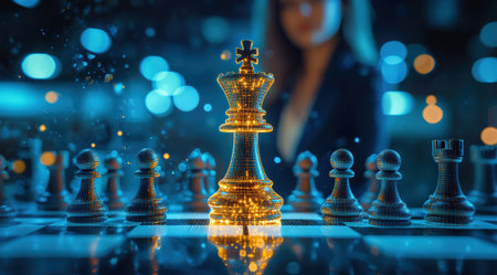 A business woman stands behind a holographic chessboard. Symbolizes strategic leadership, artificial intelligence and decision making.の素材