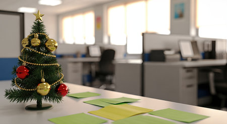 Small festive Christmas tree on a vacant office desk with stationery, symbolizing a quiet and forgotten holiday mood.の素材