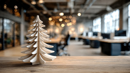 Small festive Christmas tree on a vacant office desk with stationery, symbolizing a quiet and forgotten holiday mood.の素材
