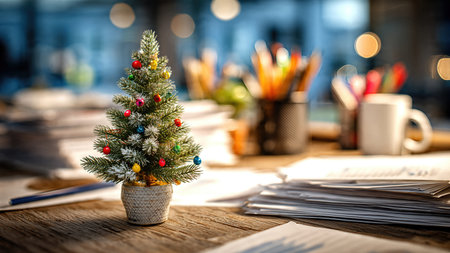 Small festive Christmas tree on a vacant office desk with stationery, symbolizing a quiet and forgotten holiday mood.の素材