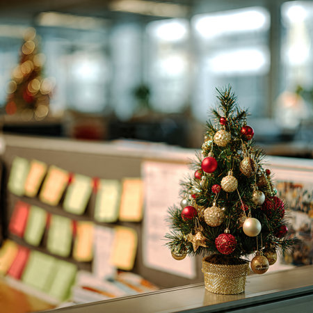 Small festive Christmas tree on a vacant office desk with stationery, symbolizing a quiet and forgotten holiday mood.の素材