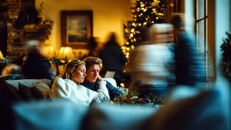 Tired couple on couch during Christmas, overwhelmed by holiday stress and rush, showing fatigue, tension and seasonal pressure.の素材
