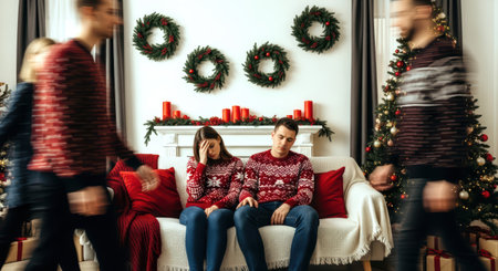 Tired couple on couch during Christmas, overwhelmed by holiday stress and rush, showing fatigue, tension and seasonal pressure.の素材