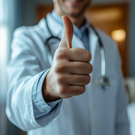 A doctor in a white coat with a stethoscope gives a thumbs up in the background of the clinic.の素材