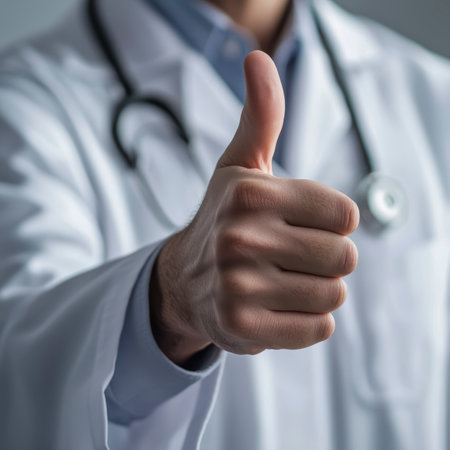 A doctor in a white coat with a stethoscope gives a thumbs up in the background of the clinic.の素材
