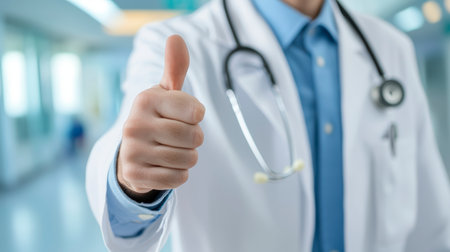 A doctor in a white coat with a stethoscope gives a thumbs up in the background of the clinic.の素材