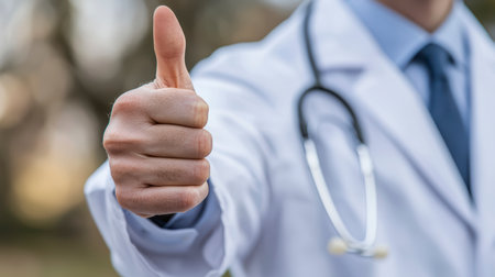 A doctor in a white coat with a stethoscope gives a thumbs up in the background of the clinic.の素材
