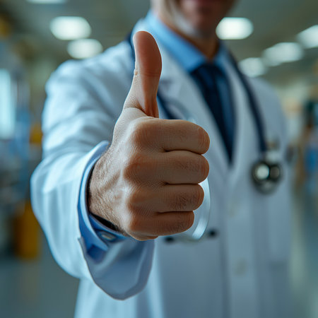 A doctor in a white coat with a stethoscope gives a thumbs up in the background of the clinic.の素材