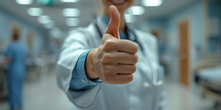 A doctor in a white coat with a stethoscope gives a thumbs up in the background of the clinic.の素材