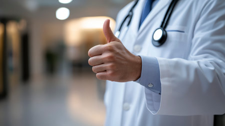 A doctor in a white coat with a stethoscope gives a thumbs up in the background of the clinic.の素材