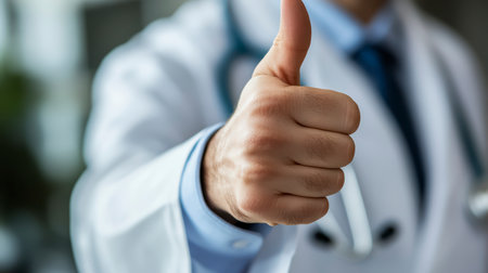 A doctor in a white coat with a stethoscope gives a thumbs up in the background of the clinic.の素材