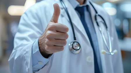 A doctor in a white coat with a stethoscope gives a thumbs up in the background of the clinic.の素材