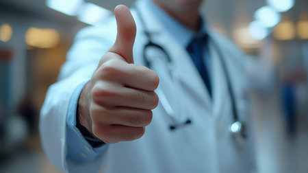 A doctor in a white coat with a stethoscope gives a thumbs up in the background of the clinic.の素材