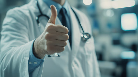 A doctor in a white coat with a stethoscope gives a thumbs up in the background of the clinic.の素材