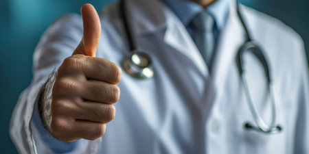 A doctor in a white coat with a stethoscope gives a thumbs up in the background of the clinic.の素材