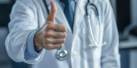 A doctor in a white coat with a stethoscope gives a thumbs up in the background of the clinic.の素材