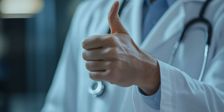 A doctor in a white coat with a stethoscope gives a thumbs up in the background of the clinic.の素材