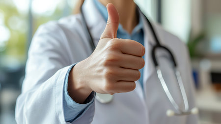 A doctor in a white coat with a stethoscope gives a thumbs up in the background of the clinic.の素材