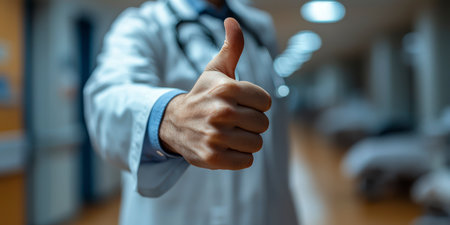 A doctor in a white coat with a stethoscope gives a thumbs up in the background of the clinic.の素材