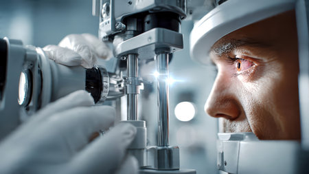 An ophthalmologist checks a patient's vision in front of a medical office.の素材