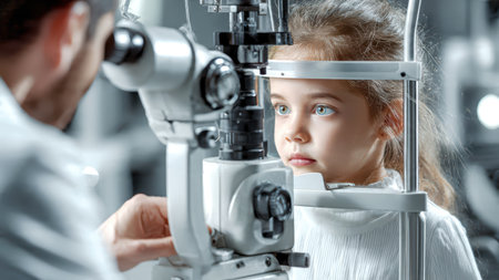 An ophthalmologist checks a patient's vision in front of a medical office.の素材