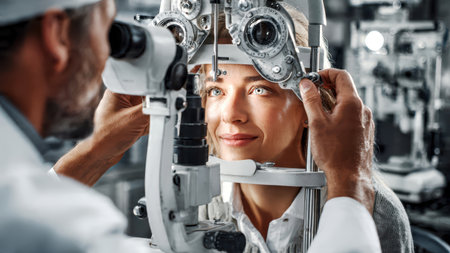 An ophthalmologist checks a patient's vision in front of a medical office.の素材