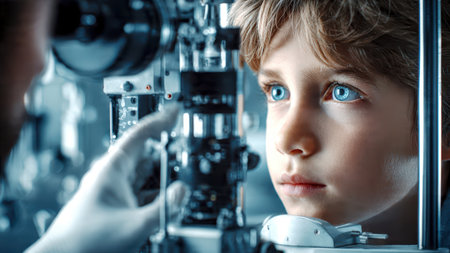 An ophthalmologist checks a patient's vision in front of a medical office.の素材