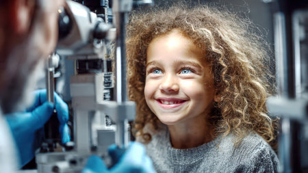 An ophthalmologist checks a patient's vision in front of a medical office.の素材