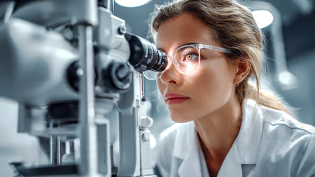 An ophthalmologist checks a patient's vision in front of a medical office.の素材