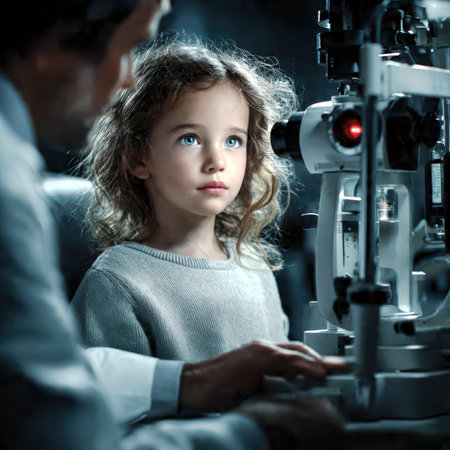 An ophthalmologist checks a patient's vision in front of a medical office.の素材